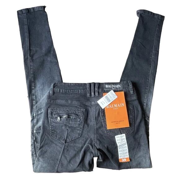 NWT Balmain Jeans Womens Size 26x31 Black Distressed Denim Moto Italy $2250 - Picture 1 of 13